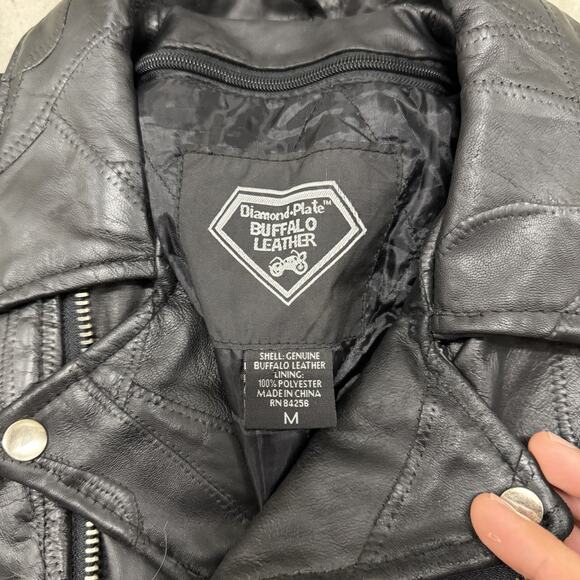 Jesus Patches Diamond Plate Buffalo Mens Leather Jacket Sz M Black Belted Laced - Picture 5 of 5